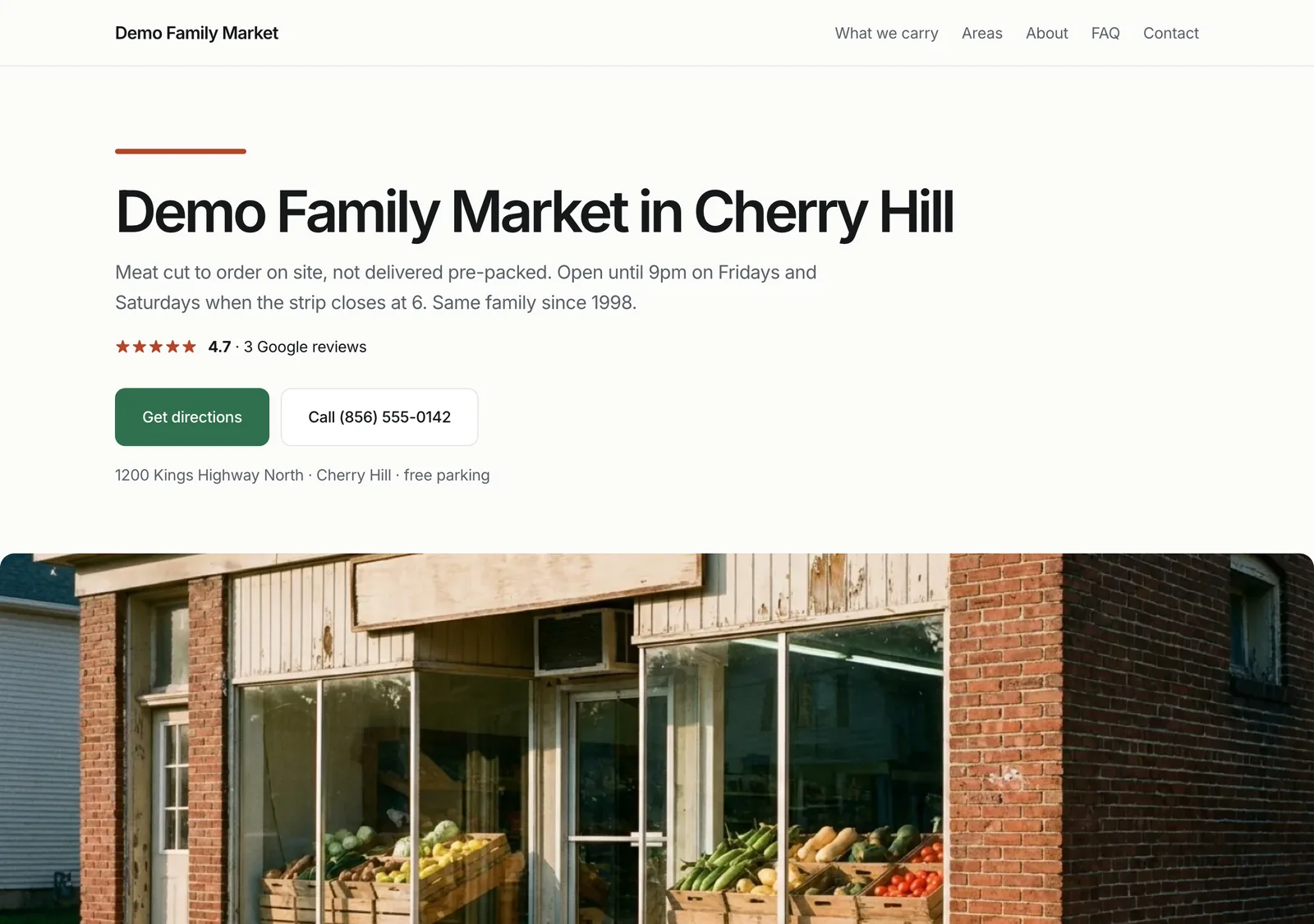 A generated client website for a neighbourhood grocery: the shop name and town as the headline, its own description, a star rating, Get directions and Call buttons, the address with parking, and a photograph of the storefront.